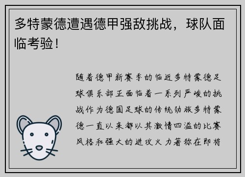 多特蒙德遭遇德甲强敌挑战，球队面临考验！