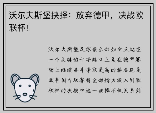 沃尔夫斯堡抉择：放弃德甲，决战欧联杯！