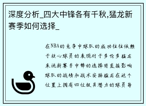 深度分析_四大中锋各有千秋,猛龙新赛季如何选择_