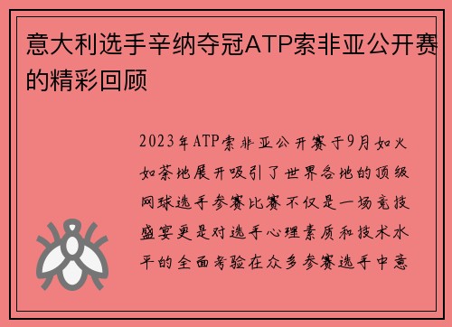 意大利选手辛纳夺冠ATP索非亚公开赛的精彩回顾